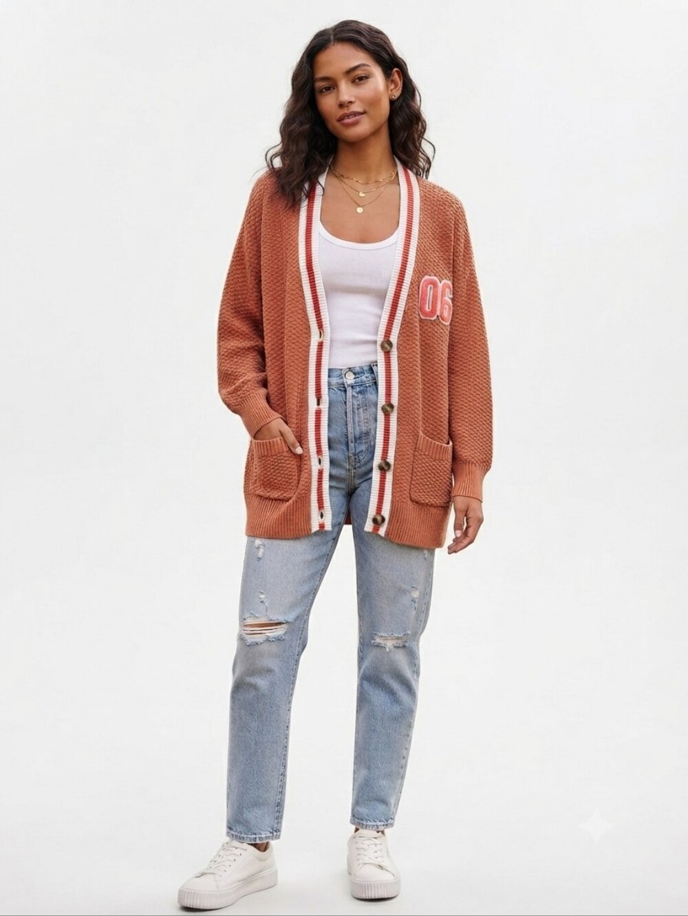 Aerie Burnt Orange Cotton Waffle Knit Varsity Cardigan Sweater Size M Pockets